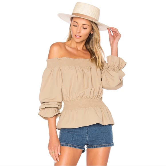 Tularosa Tops - Tularosa x Revolve Katie Tan Off Shoulder Blouse